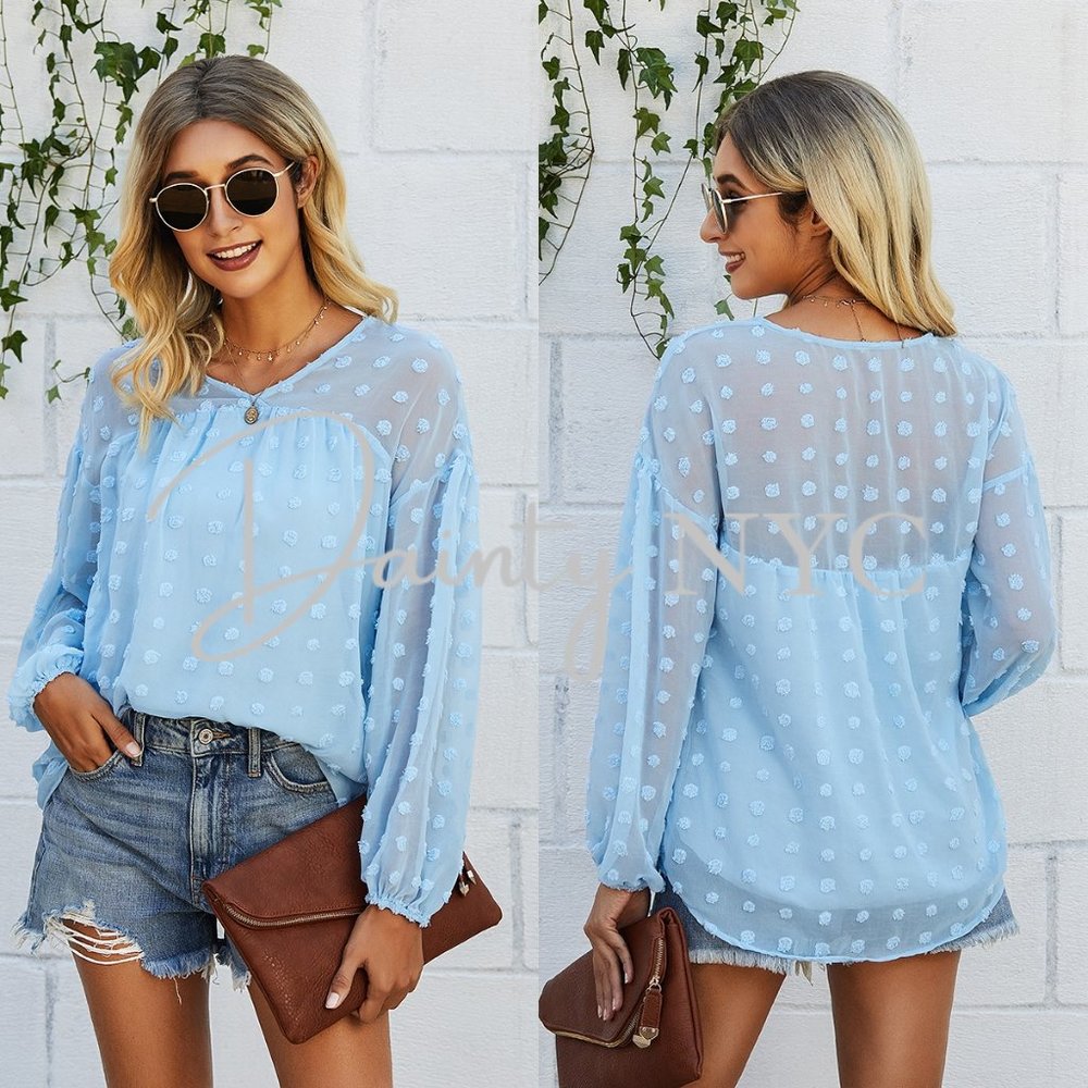 Baby Blue Sheer Polka Dot Bubble Sleeve Blouse - Picture 2 of 7